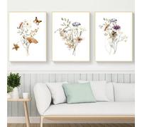 Art Mural sur Toile,3 Images Set-Peinture sur Toile Abstraite Bohème Papillons Orchidées Fleurs Plantes Affiche Rétro Colorée Décoration Murale Maison Cuisine Salon-60*70cm/24*27 pouce(sans cadre)
