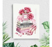 Art mural sur toile de parfum mode, pile de livres aquarelle bouteille rose rembourrée fleur art encadré peintures décoration murale, impressions talons hauts funky image pour salle de bain chambre