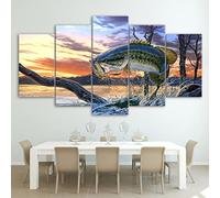 Art Mural Sur Toile Impressions Sur Toile Peinture 5 Panneaux Pièces Plusieurs Images, Sauter La Pêche À L'Achigan (Avec Cadre 150 X 80 Cm) Giclee Imprimé Sur Toile, Affiches Décorations Mur -7E0M+W0