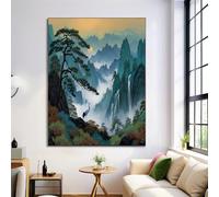 Art Mural Sur Toile - Montagnes Cascades Paysage Chinois Bleu Vert Art Mural Impressions Peinture Sur Toile Images Décoration De Salon De Bureau Ou De Maison - 40X50Cm Sans Cadre