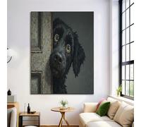 Art Mural Sur Toile - Style Dessin Animé Chien Noir Qui Jette Un Coup D'Œil Derrière La Porte Art Mural Impressions Peinture Sur Toile Images Décoration De Salon De Maison - 60×80 Cm Sans Cadre