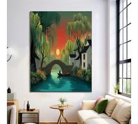 Art Mural Sur Toile - Willow Lake Architecture Chinoise Vert Émeraude Art Mural Impressions Peinture Sur Toile Images Décoration De Salon De Bureau Ou De Maison - 50X70Cm Sans Cadre