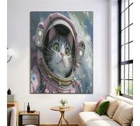 Art Mural Tableau Astronaute Chat Décoration Murale, 70x100cm Affiche Moderne Salle de Bain Mignon Animal, Tableau Mural Toile pour Salon Chambre, Rose, Sans Cadre