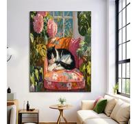 Art Mural Tableau Plantes Chaises Chats Décoration Murale, 70x100cm Affiche Moderne Salle de Bain Vintage, Tableau Mural Toile pour Salon Chambre, Orange Rose, Sans Cadre