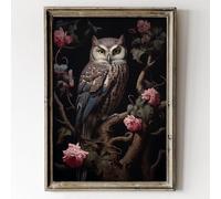 Art mural vintage avec impression florale Dark Academia noir gothique hibou peinture vintage gothique floral art mural noir sombre humeur sombre image d'oiseau animaux animaux art gothique 40,6 x 61