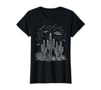 Art Nocturne étoilé de la Constellation d'ovnis du désert de Cactus T-Shirt Graphique avec Valeur, Femme, Noir, L