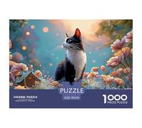 Art Nouveau-style Illustration of An Elegant Cat 1000 Pièces Carton Extra-épais Puzzle De Qualité Supérieure Blooming Flowers Extrêmement Difficile Défi Unique Puzzles Pour La Décoration Intérieure 70