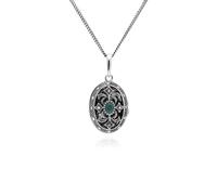 Art Nouveau Style Ovale Émeraude & Marcassite Collier Médaillon en Argent