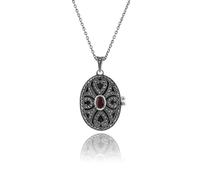 Art Nouveau Style Ovale Grenade & Marcassite Médaillon Pendentif En 925 Argent