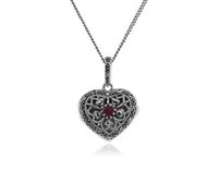 Art Nouveau Style Rond Rubis & Marcassite Coeur Collier En 925 Argent Sterling
