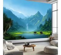 Art Numérique Lynx Roux Terre Verte Tricératops Papier Peint Panoramique 300 x 210 cm Papier Peint Photo Intissé Murale, pour Salon et Chambre Cuisine Bleu Poster Tableaux Fresque Muraux