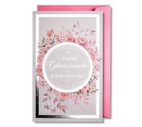 art nuvo Carte d'anniversaire pour femme : une carte d'anniversaire florale avec une enveloppe rose pleine de lumière scintillante qui se reflète dans des imprimés colorés.