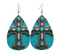 Art Ornemental De La Croix Turquoise Du Sud-Ouest Boucles D'Oreilles En Cuir Tendance Boucle D'Oreille Légères Pendantes D'Oreille Pour Quotidien Femme