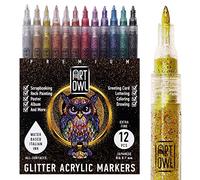 Art Owl Lot de 12 marqueurs de peinture acrylique à paillettes - Pointe ultra fine de 0,7 mm - Pour peinture sur roche, pierre, verre céramique, bois, carton, toile, loisirs créatifs