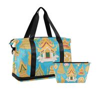 Art Paintings Sac de nuit vintage Thaïlande bleu avec compartiment humide Sangle réglable Gym Sport Porter pour yoga Multifonction pour hommes et femmes