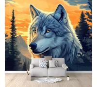 Art Papier peint intissé 300 x 210 cm Papier Peint Panoramique pour Salon Chambre Bureau décor mural moderne Animaux Loup De Forêt Dessin Animé Papier peint Couleur Orange Couvrir les petites fissures