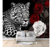 Art Papier peint intissé 300 x 210 cm Papier Peint Panoramique pour Salon Chambre Bureau décor mural moderne Animaux Léopard Rose Papier peint Noir Couvrir les petites fissures