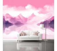 Art Papier Peint Panoramique 200 X 140 Cm Peinture À L'Encre De Rêve Toison Mur Xxl Moderne Décoration Murale Salon Rose Montagnes Ombres De Nuageschambre Á Coucherr Bureau Salle