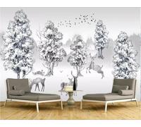 Art Peint À La Main Noir Et Blanc Forêt Élan Oiseau Volant Papier Peint 3D Installation Facile Intissé Tapisserie Bureau Salon Canapé Chambre Décoration Murale-350cm×256cm