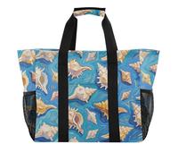 Art Peinture à l'huile Bleu Coquillage Mer Utilitaire Plage Fourre-tout Pliable Avec Poches Toile Totes Sacs, Art peinture à l'huile mer de coquillages bleus, 1 size, Tendance