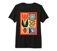 Art Populaire rétro Fleurs Serpent Oiseau Fraise T-Shirt Haut de Gamme