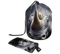 Art Rhino Lot de 39 trousses de maquillage de voyage pour femme, sac pliable avec cordon de serrage, trousse de toilette portable, Motif rhinocéros d'art, 9.9x6.9in/25.2x17.6cm;6x3.5in/15.2x8.8cm,