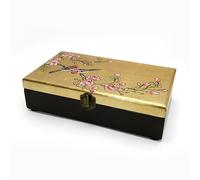 Art Saigon Boite à Bijoux en Bois Laqué Doré Couple d’oiseaux et Fleurs de Cerisier, Coffret De Rangement - Artisanat du Vietnam et Décoration Asiatique - Largeur 24cm x P14cm x H6cm (S58-20C18D-24)