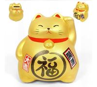 Art Saigon Chat Porte-Bonheur, Maneki Neko Japonais Patte Levé, Lucky Cat, Fabriqué au Japon - Tirelire en Argile Doré, Statuette de Chance, Prospérité, Richesse, Santé (H9cm)(SW-003)
