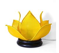 Art Saigon Lampe de Chevet Asiatique Fleur de Lotus en Soie Jaune sur Socle en Bois- Hauteur 19,5cm x Diamètre Ø29cm - Lampe de table, salon, chambre - Décoration et Artisanat du Vietnam (LL-PT-J)