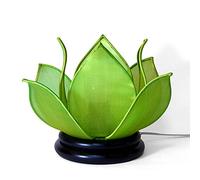 Art Saigon Lampe de Chevet Asiatique Fleur de Lotus en Soie Vert sur Socle en Bois- Hauteur 19,5cm x Diamètre Ø29cm - Lampe de table, salon, chambre - Décoration et Artisanat du Vietnam (LL-PT-V)