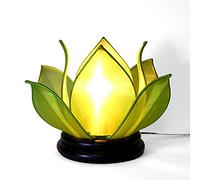 Art Saigon Lampe de Chevet Asiatique Fleur de Lotus en Soie Vert sur Socle en Bois- Hauteur 24cm x Diamètre Ø33cm - Lampe de Table, Salon, Chambre - Décoration et Artisanat du Vietnam (LL-GR-V)