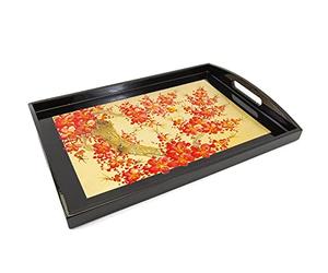 Art Saigon Plateau en Bois Laqué Doré et Noir “Fleurs de Cerisier”, Fait Main, L39 x 28cm - Plateau de Service avec Poignée - Artisanat du Vietnam et Déco Asiatique (S39-4944-39)