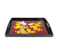 Art Saigon Plateau en Bois Laqué Rouge et Noir “Grues et Fleurs de Cerisier”, Fait Main, L37 x 26cm - Plateau de Service avec Poignée - Artisanat du Vietnam et Déco Asiatique (S39-4959-37)