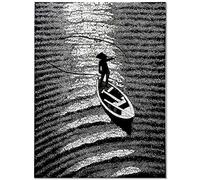 Art Saigon Tableaux en Bois Laqué en Coquille d'Œuf Noir et Blanc Pêcheur Vietnamien” L30 x H40cm, Fait Main - Panneau Mural de Décoration, Style Asiatique - Artisanat du Vietnam (S44-5571)