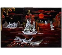 Art Saigon Tableaux en Bois Laqué, Incrusté de Nacre “La Baie de Ha Long” L30 x H20cm, Fait Main - Panneau Mural de Décoration, Style Asiatique - Artisanat et Déco du Vietnam (S43-5482)