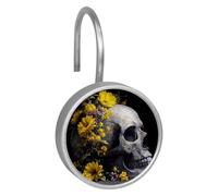 Art Skull Painting with Flowers Round Crystal Glass Decorative Shower Curtain Hooks with 3D Pattern Visual Rust Proof Shower Curtain Rings - 12 Pack
