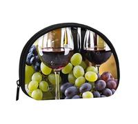 Art Vin Rouge Galsses & Raisins Plein Format Imprimé Polyester Portable Mini Sac de Rangement Coquille Portefeuille en Forme de Coquille Petit Portefeuille Shell Sac de Rangement, Noir , Taille unique
