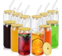 Artcome 12 PC 16oz Bamboo Lid Drinking Glasses Set - Can Shaped Glass Cups with Glass Straw, Ideal for Beer, Iced Coffee, Tea, Whiskey - Includes 2 Cleaning Brushes - Eco-Friendly Cups
