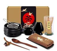 Artcome Ensemble de 10 pièces de thé matcha japonais, bol à matcha, fouet, porte-fouet, cuillère traditionnelle, cuillère à thé, support pour cuillère à matcha, panier à poudre matcha (Noir)