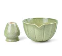Artcome Ensemble de bol à matcha avec bec verseur et support pour fouet, bol à matcha en céramique avec bec verseur pratique et support de fouet en bambou pour cérémonie
