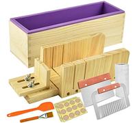 Artcome Ensemble de moules à découper pour savon en pain, multifonctionnel et réglable - Moule à savon en bois et ensemble de moule rectangulaire en silicone avec trancheur en acier inoxydable ondulé
