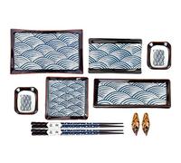 Artcome Lot de 10 assiettes à sushi en céramique de style japonais avec 4 assiettes à sushi, 2 plats à sauce, 2 paires de baguettes, 2 supports de baguettes