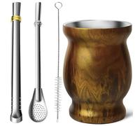 Artcome Lot de 4 gobelets Yerba Mate en acier inoxydable - 1 tasse à double paroi en acier inoxydable de 250 ml (bois), 2 bombillas (paille Yerba Mate), 1 brosse, facile à nettoyer, solide et durable
