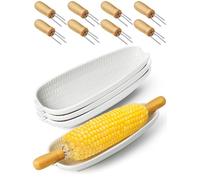 Artcome Lot de 4 plats en céramique avec 8 supports en bois en forme d'épi de maïs avec motif en relief, durables et passent au lave-vaisselle pour barbecue, pique-nique et repas familiaux