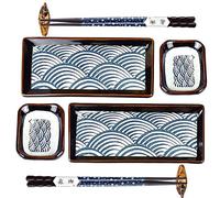 Artcome Lot de 8 assiettes à sushi en céramique de style japonais pour mariage ou pendaison de crémaillère - 2 assiettes à sushi, 2 plats à sauce, 2 paires de baguettes, 2 supports de baguettes