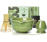 Artcome Service à thé matcha 4 pièces - Kit complet de cérémonie japonaise avec bol, fouet, porte-fouet, cuillère et guide, vert chiné