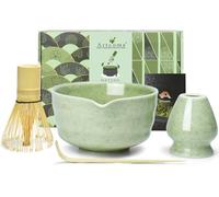 Artcome Service à thé matcha 4 pièces - Kit complet de cérémonie japonaise avec bol, fouet, porte-fouet, cuillère et guide, vert clair chiné