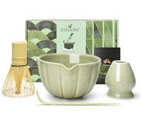 Artcome Service à thé matcha japonais 4 pièces - Bol à matcha avec bec verseur, fouet à matcha, cuillère à thé, porte-fouet, kit de cérémonie matcha fait à la main pour cérémonie du thé japonais, vert
