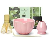 Artcome Service à thé matcha japonais 4 pièces - Bol à matcha avec bec verseur, fouet à matcha, cuillère à thé, porte-fouet, kit de cérémonie matcha fait main pour cérémonie du thé japonais, rose