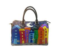 Arte Lisanti Sac en cuir peint à la main - CARTOON CITY NIGHT EVOLUTION - à la main, en bandoulière, sac bowling femme, idée cadeau, artisanat italien, Made in Italy, cuir véritable, peint à la main